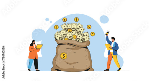 A big sack filled with money raining down on people.