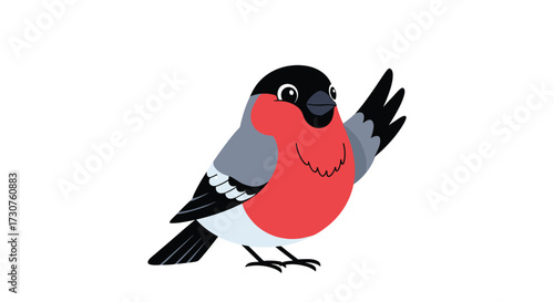 A cute cartoon bullfinch waving its wing hello.