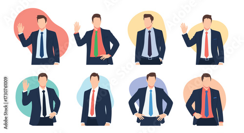 A collection of businessmen in suits and ties waving hello.