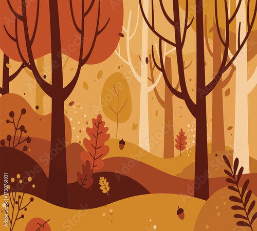 Vector art of a serene november landscape with bare trees and falling leaves, capturing the essence of autumns beauty and tranquility, perfect for nature lovers and those seeking a peaceful scene