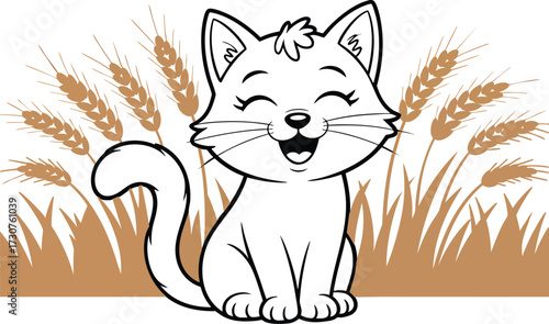 Kids Coloring Page of a Cat on the Grass that is Blank and Cat Coloring Sheet Vector Art, Icons, and Graphics, Cartoon Cat 