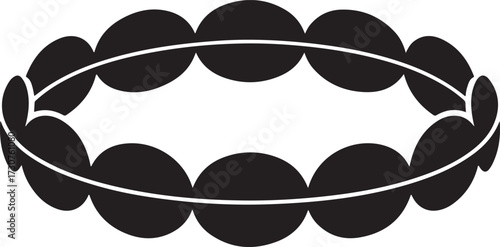 Black outline of a circular wreath made of overlapping oval shapes on a white background circle