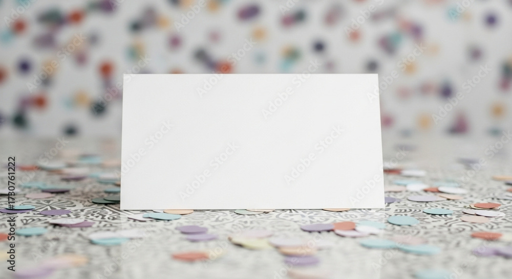 Naklejka premium Blank horizontal white card mockup surrounded by pastel party confetti on patterned surface for celebration
