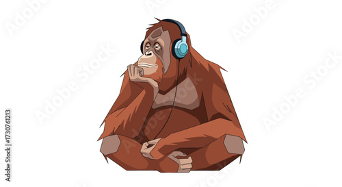 An orangutan wearing headphones sits peacefully in a thoughtful pose.