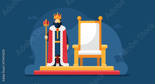A regal king stands next to an empty throne. He holds a scepter.