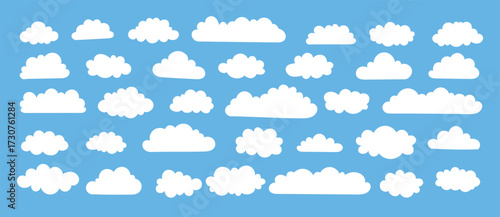White cloud and blue sky set. cartoon clouds in flat design. Icons vector illustration