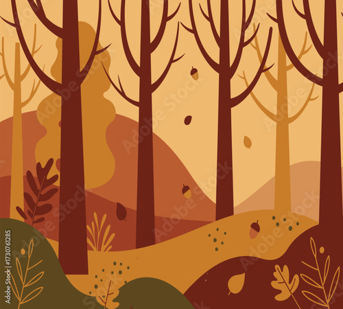 Vector art of a serene november landscape with bare trees and falling leaves, capturing the essence of autumns beauty and tranquility, perfect for nature lovers and those seeking a peaceful scene