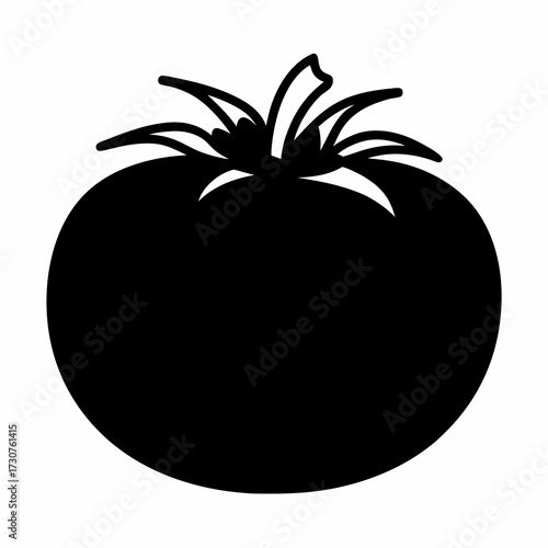 Silhouette illustration of a tomato on a white background with leaves