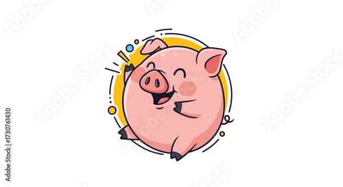 A happy cartoon pig with a big smile and raised arms.