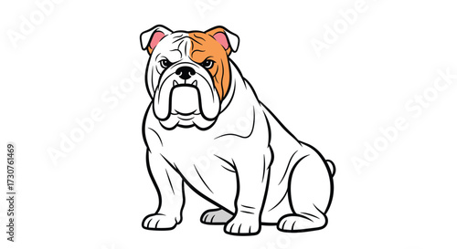 A white bulldog sits patiently looking at the viewer.