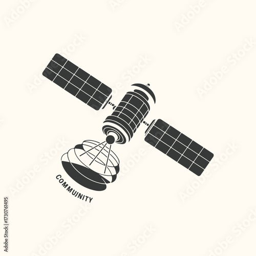 Vector art of a stylized black and white illustration of a satellite with solar panels and a dish antenna, featuring the word community in a circular text below the dish, on a light cream background