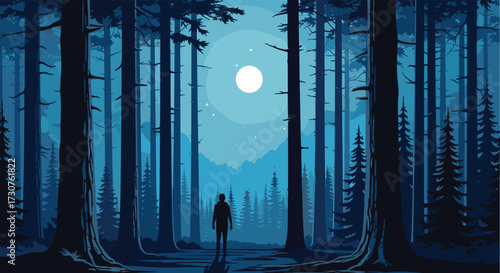 A solitary figure stands in a pixelated forest under the moonlight.