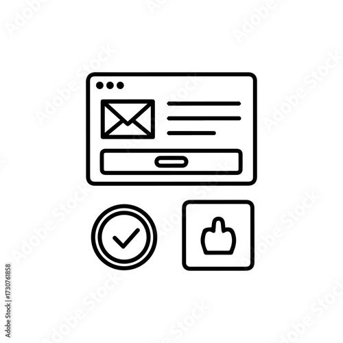 A website window with email lines of text a search bar a check and a thumbsdown symbol