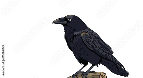 A pixelated black crow perches on a textured wooden branch.