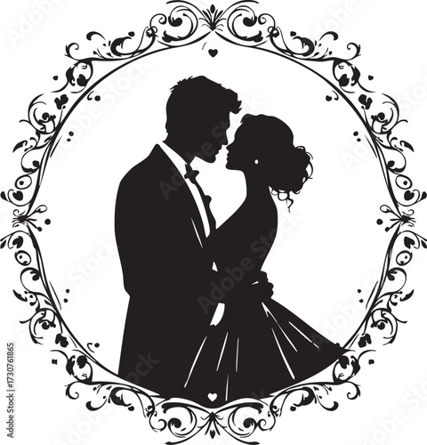 Romantic Wedding Couple Silhouette Vector: Bride and Groom Kissing in Ornate Vintage Filigree Frame

