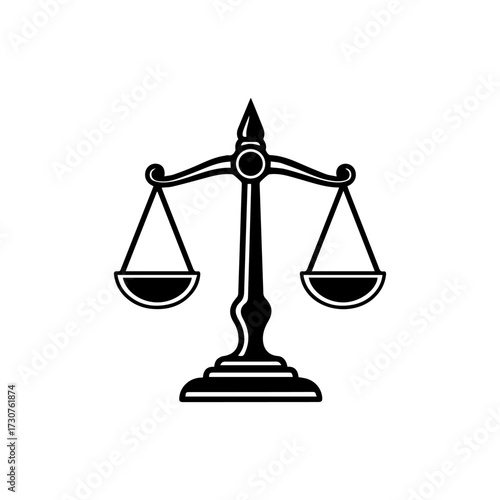 Black and white drawing of a balance scale symbol of justice centered on a white background
