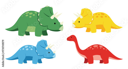 A collection of four cartoon dinosaurs in different colors.