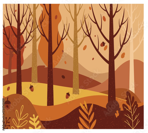 Vector art of a serene november landscape with bare trees and falling leaves, capturing the essence of autumns beauty and tranquility, perfect for nature lovers and those seeking a peaceful scene