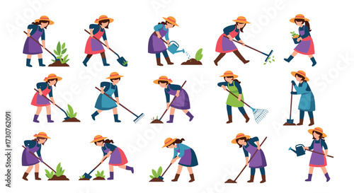 A collection of illustrations of a female gardener performing various farm activities.