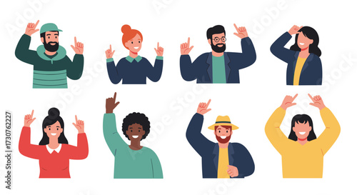 Diverse people raising their index fingers to point upwards and smiling showing agreement or recognition.