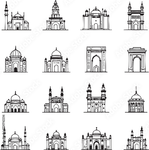 Indian Historical Architecture Vector Icon Set: Collection of Black and White Landmarks, Mosques, and Monuments


