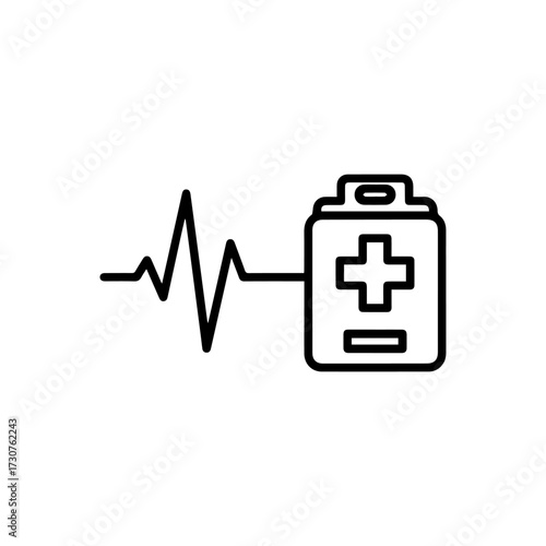 Depicts a medical AED with an attached jagged line symbolizing a heartbeat reading