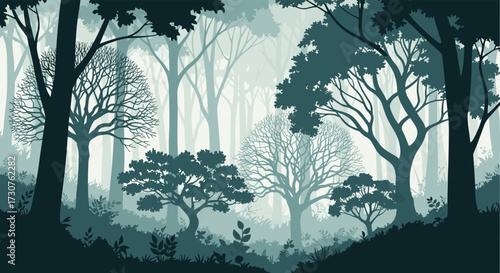 A misty forest shrouded in the ethereal glow of twilight with silhouetted trees.