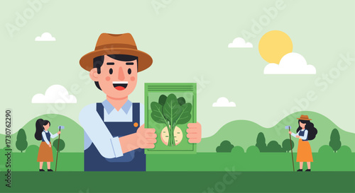 A farmer proudly displays a packet of seeds with fresh vegetables.