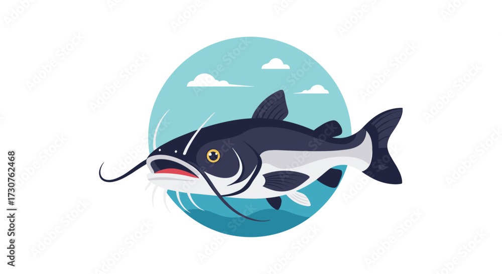 Fototapeta premium A large dark catfish swims in blue water with a cloudy sky.