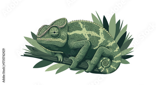 A chameleon blends into its leafy green surroundings on a branch.