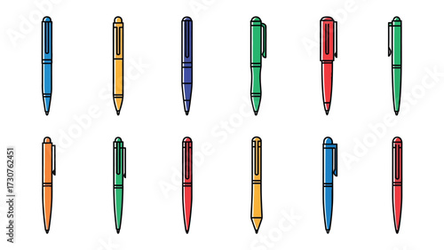 Colorful Pens Assortment: An array of pens, each in its unique hue, arranged against a clean backdrop, exuding creativity, stationery. 