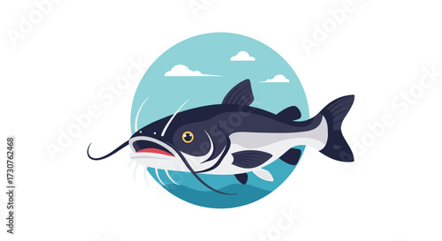A large dark catfish swims in blue water with a cloudy sky.