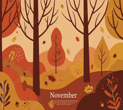 Vector art of a serene november landscape with bare trees and falling leaves, capturing the essence of autumns beauty and tranquility, perfect for nature lovers and those seeking a peaceful scene