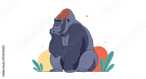 A thoughtful gorilla sits in a serene natural setting surrounded by foliage and abstract shapes.