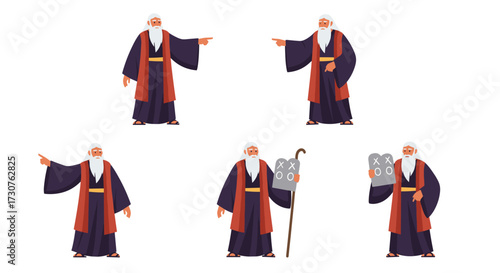 Ancient religious figure with a long beard and staff pointing in different directions.