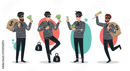 Four cartoon thieves in striped outfits holding money bags and cash.