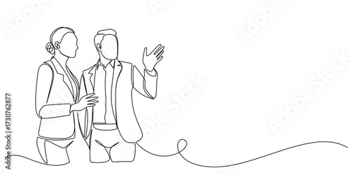 Line art Illustration of business people working together in the office. One line art style