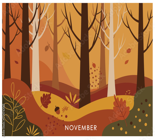 Vector art of a serene november landscape with bare trees and falling leaves, capturing the essence of autumns beauty and tranquility, perfect for nature lovers and those seeking a peaceful scene