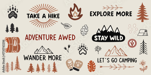 Collection of hand drawn outdoor adventure elements and inspirational phrases for hiking and camping