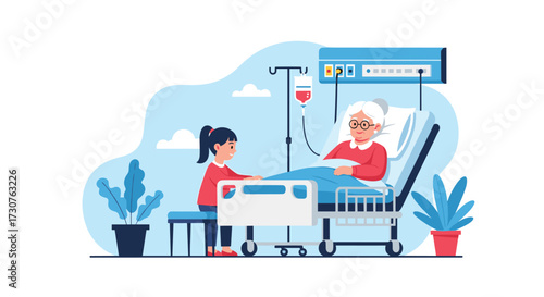 A young girl visits her grandmother in the hospital receiving medical care.