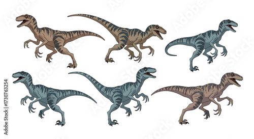 Six pixel art velociraptors in various poses and colors.