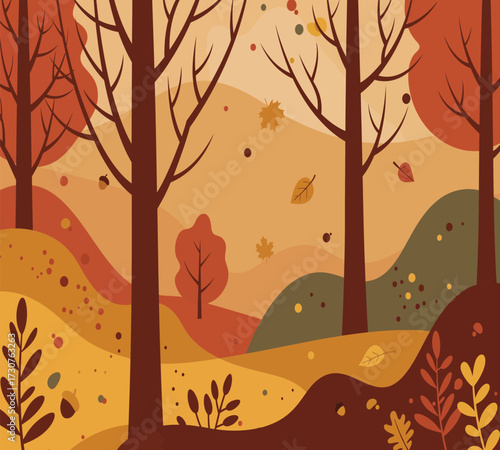 Vector art of a serene november landscape with bare trees and falling leaves, capturing the essence of autumns beauty and tranquility, perfect for nature lovers and those seeking a peaceful scene