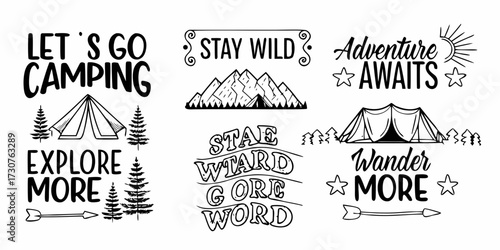 Collection of hand drawn camping and adventure themed lettering with tents mountains and trees