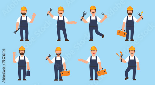 Collection of eight cartoon characters representing tradesmen in various poses holding tools and toolboxes.