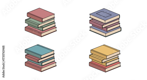 Four colorful stacks of books are neatly arranged on a white background.