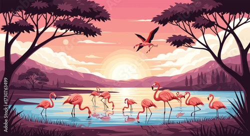Flamingos wading in a serene lake at sunset with trees and mountains in the background.