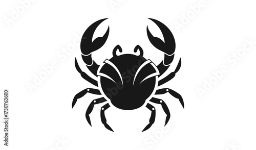 Black silhouette of a crab with claws raised on white background