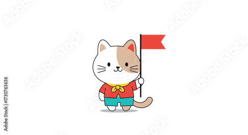 A cute cat character in a red shirt and blue shorts holding a red flag.
