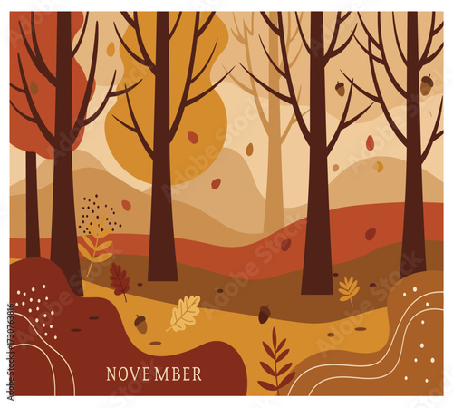 Vector art of a serene november landscape with bare trees and falling leaves, capturing the essence of autumns beauty and tranquility, perfect for nature lovers and those seeking a peaceful scene