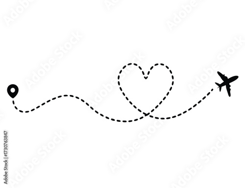 Love airplane route. Romantic travel, heart dashed line trace and plane routes. isolated vector illustration 